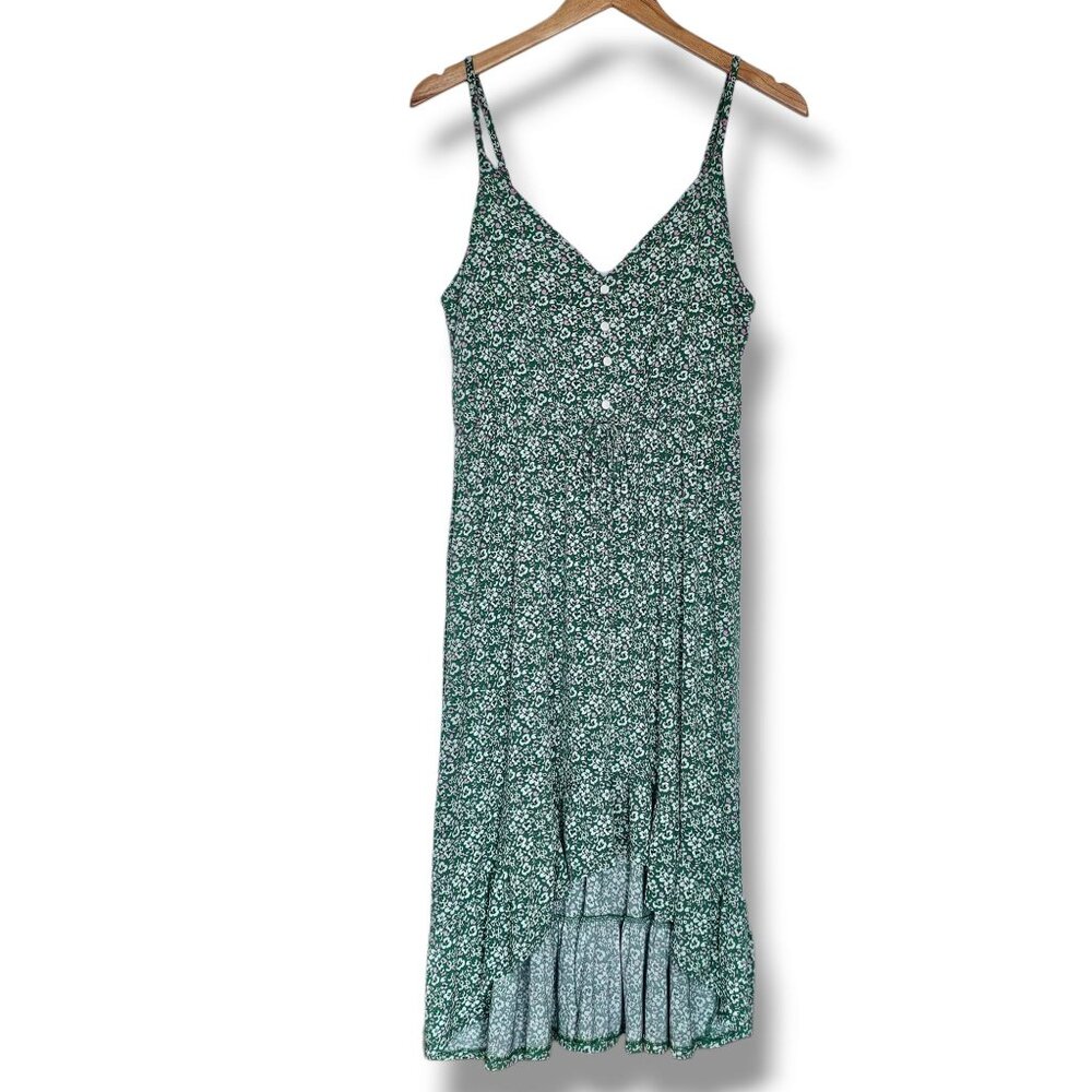 Gilli Midi Dress Green Floral Size M Sleeveless Ruffle Tiered Hem Boho Beach NEW